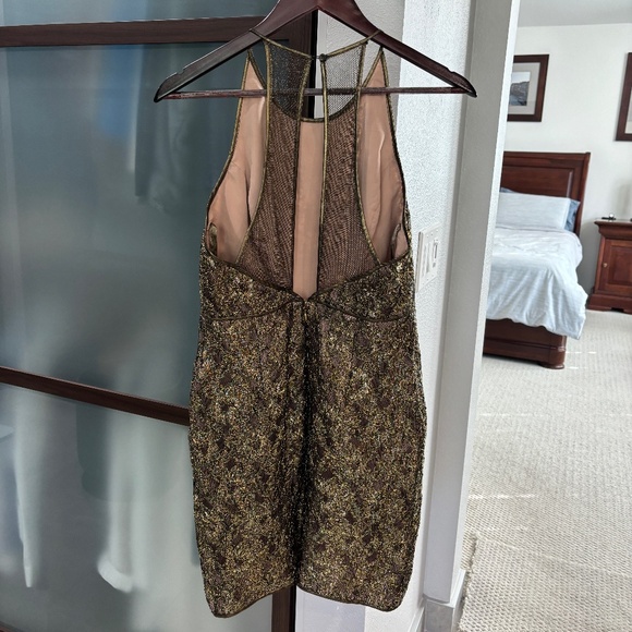 BCBGMaxAzria "Tenya" Sheer Back Mini Dress - Gold & Black Size 6 - Picture 6 of 13